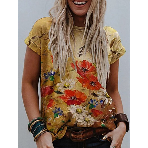 

Women's T shirt Graphic Round Neck Tops Cotton Yellow