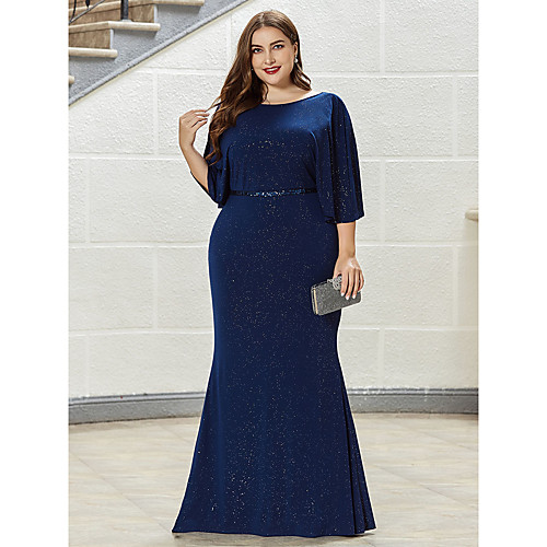 

Mermaid / Trumpet Mother of the Bride Dress Elegant Plus Size Jewel Neck Floor Length Nylon Half Sleeve with Sash / Ribbon 2020