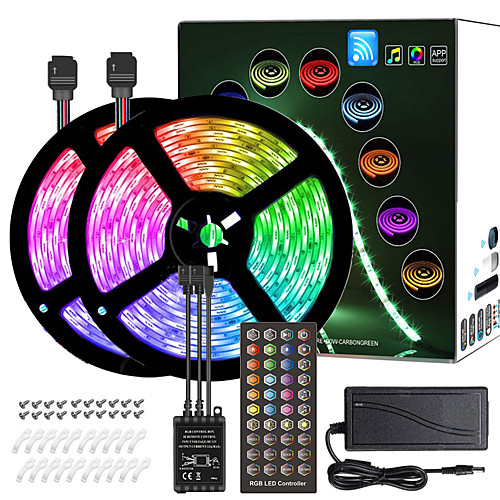 

10M(2x5M) LED Light Strips RGB Tiktok Lights Music Sync Timed Remote Flexible 5050 SMD 300 LEDs IR 40 Key Controller with Installation Package 12V 4A Adapter Kit