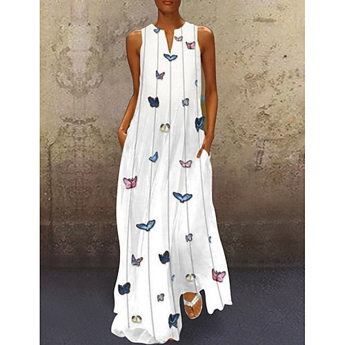 

Women's A Line Dress Maxi long Dress Yellow White Light Blue Sleeveless Butterfly Animal Print Summer V Neck Hot Casual Holiday Beach vacation dresses 2021 S M L XL XXL 3XL 4XL 5XL
