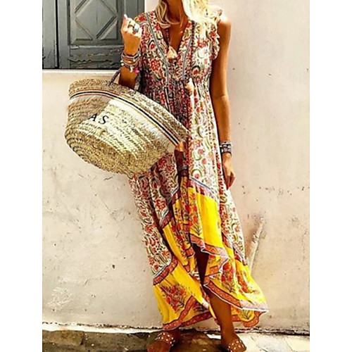 

Women's A Line Dress Maxi long Dress Yellow Sleeveless Print Summer V Neck Casual Mumu vacation dresses 2021 S M L XL XXL 3XL