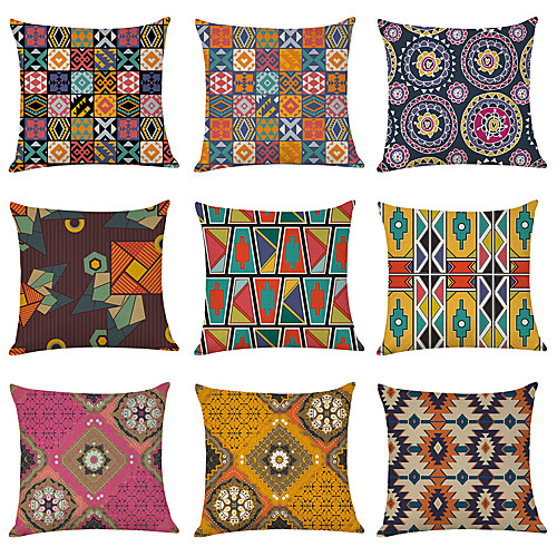 

9 pcs Faux Linen Pillow Cover, Morocco Style Geometric Casual Modern Square Traditional Classic Decorative Cushion Case Pillowcase for Bedroom Livingroom Outdoor Cushion for Sofa Couch Bed Chair