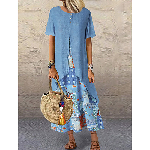 

Women's A Line Dress Maxi long Dress Blue Green Short Sleeve Floral Summer Round Neck Casual 2021 M L XL XXL 3XL 4XL 5XL