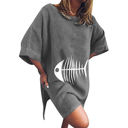 

Women's A Line Dress Knee Length Dress Blue Gray Brown Short Sleeve Animal Summer Round Neck Casual Holiday Loose Linen S M L XL XXL