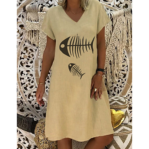 

Women's A-Line Dress Knee Length Dress - Short Sleeves Animal Summer Work 2020 Blue Yellow Fuchsia Beige S M L XL XXL XXXL