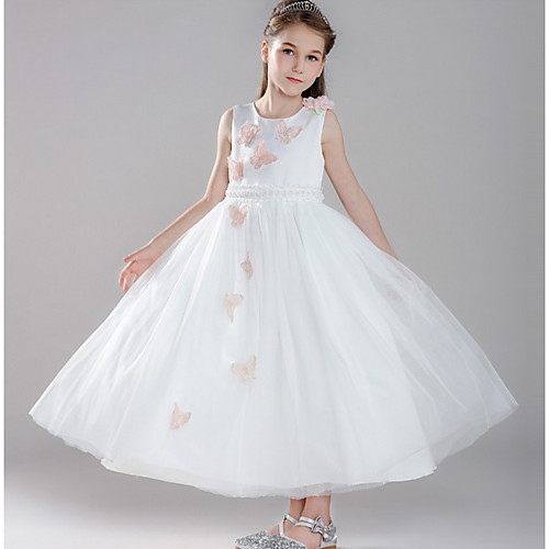 

Ball Gown Round Floor Length Tulle Junior Bridesmaid Dress with Appliques