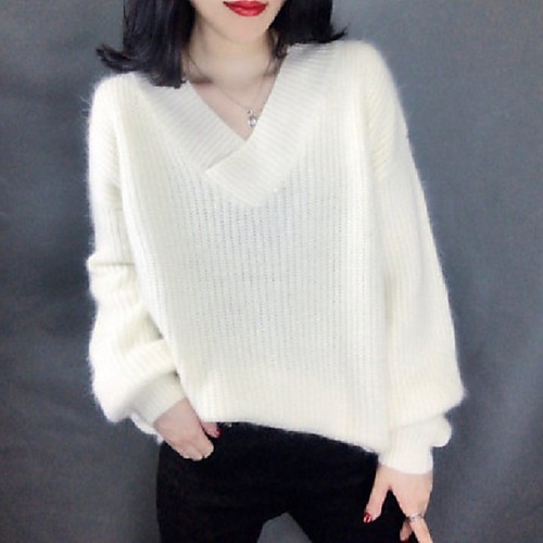 

Women's Solid Colored Long Sleeve Pullover Sweater Jumper, V Neck White / Khaki / Green One-Size