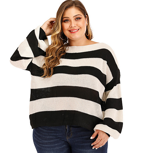 

Women's Striped Pullover Long Sleeve Plus Size Sweater Cardigans Round Neck White