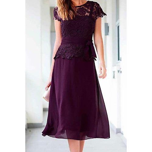 

A-Line Mother of the Bride Dress Plus Size Jewel Neck Tea Length Chiffon Lace Short Sleeve with Appliques Ruching 2021