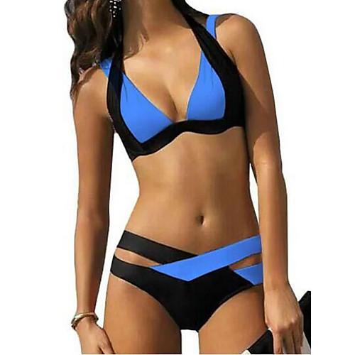 

Women's Bikini Swimsuit Color Block Lilac Black Dark Blue Light Blue Swimwear Halter Neck Bathing Suits