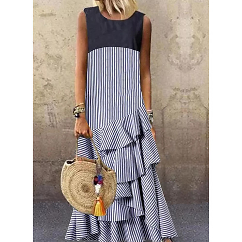 

Women's A-Line Dress Maxi long Dress - Sleeveless Striped Summer Casual Daily 2020 Blue M L XL XXL XXXL