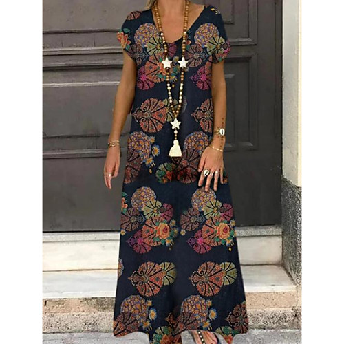 

Women's A-Line Dress Maxi long Dress - Short Sleeves Floral Summer Casual 2020 Wine Orange Navy Blue L XL XXL XXXL XXXXL XXXXXL