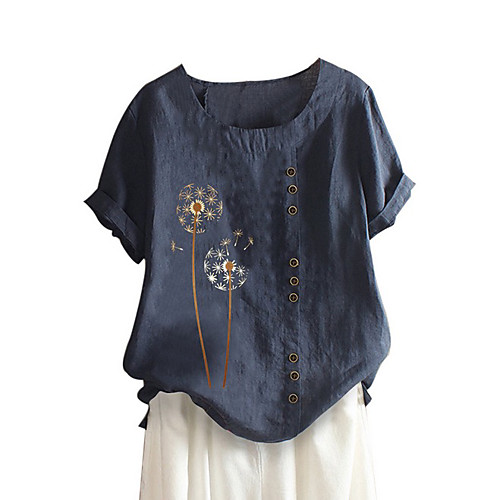 

Women's Blouse Shirt Graphic Round Neck Tops Cotton Army Green Navy Blue