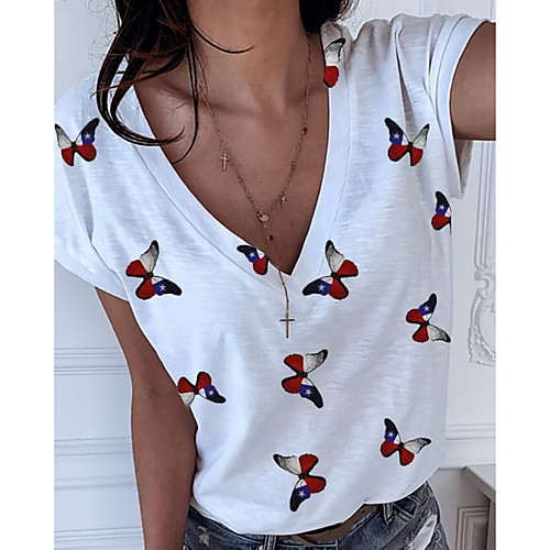 

Women's T shirt Butterfly Animal V Neck Tops White Blue Blushing Pink