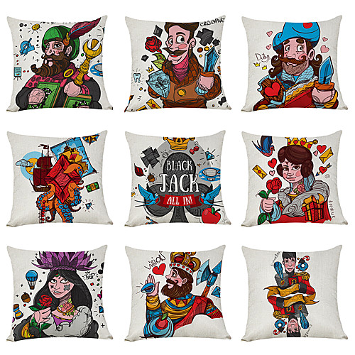 

9 pcs Linen Pillow Cover, Poker Character Casual Modern Square Traditional Classic