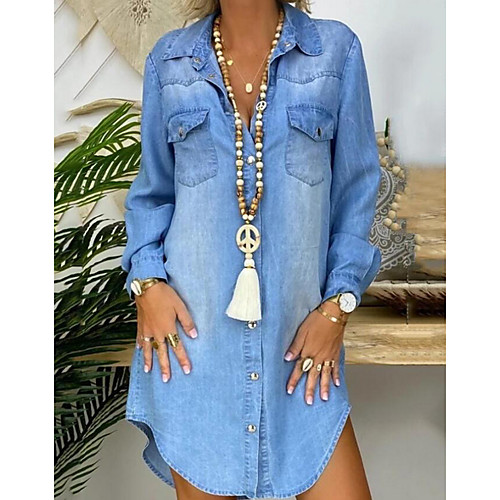 

Women's Denim Shirt Dress Knee Length Dress Light Blue Long Sleeve Solid Color Pocket Button Front Spring Summer Shirt Collar Chic & Modern Hot Casual 2021 S M L XL XXL 3XL