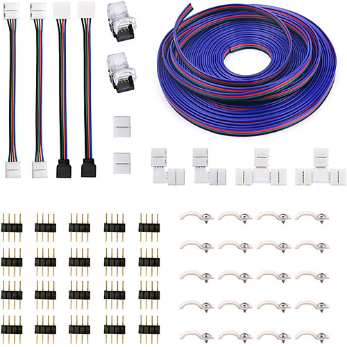 

5050 4Pin RGB LED Strip Connector Kit - include 5M RGB Extension Cable 2x T & L Shape Connectors 4x Strip Jumper 2x Gapless Connector 20x LED Strip Clip 20x Male Connector 2x Quick Connector