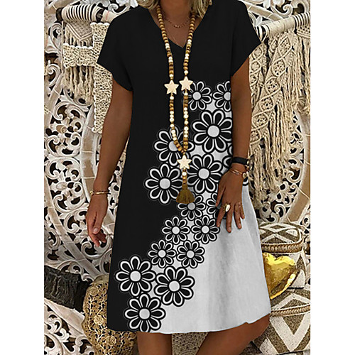

Women's A Line Dress Knee Length Dress Black Short Sleeve Floral Print Summer V Neck Casual 2021 M L XXL 3XL