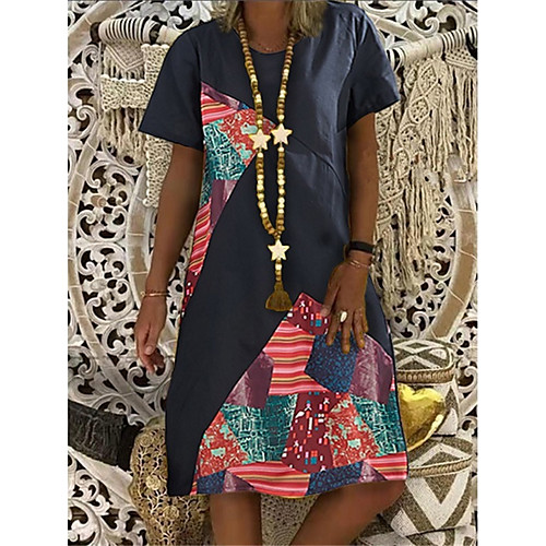 

Women's A-Line Dress Knee Length Dress - Short Sleeves Print Patchwork Summer Casual Boho Vacation 2020 Black Red M L XL XXL