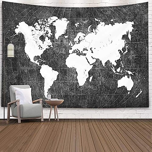 

Wall Tapestry Art Decor Blanket Curtain Picnic Tablecloth Hanging Home Bedroom Living Room Dorm Decoration Black and White World Map Topography
