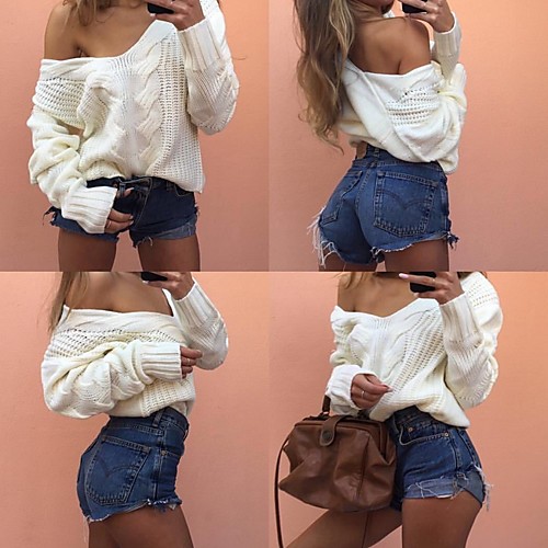 

Women's Solid Colored Long Sleeve Pullover Sweater Jumper, V Neck White / Khaki S / M / L
