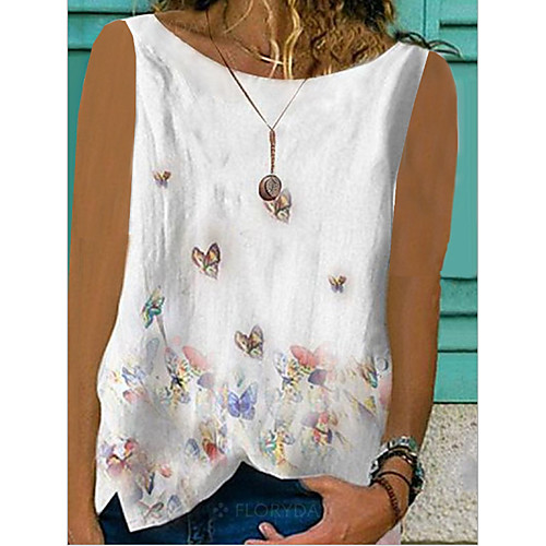 

Women's Blouse Tank Top Animal Round Neck Tops Cotton White Yellow Blushing Pink