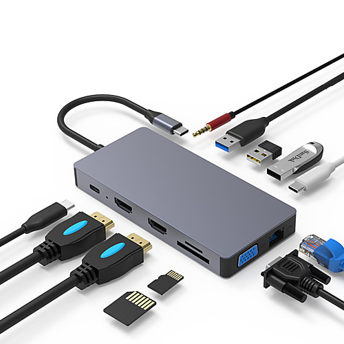 

New type-c expansion dock dual HDMI with network port/VGA/PD 12 in one laptop docking station