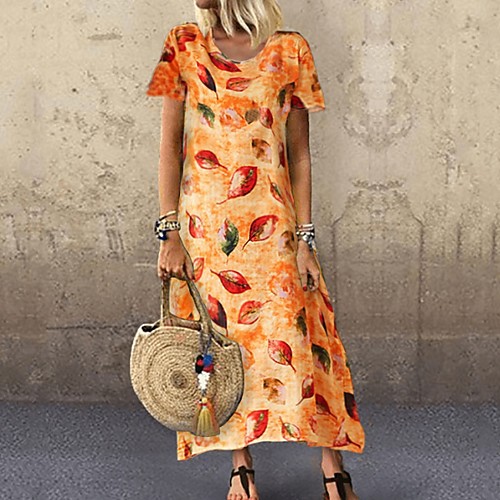 

Women's A-Line Dress Maxi long Dress - Short Sleeves Floral Summer Casual Boho Holiday Vacation 2020 Blue Yellow Orange M L XL XXL