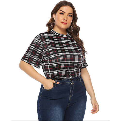 

Women's Plus Size T shirt Check Round Neck Tops Black
