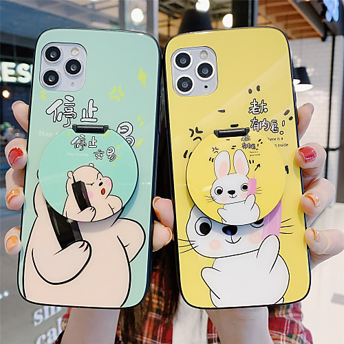 

Mirror Holder Tempered Glass Phone Case Cartoon Pattern for Apple iPhone Case 11 Pro Max X XR XS Max 8 Plus 7 Plus 6 Plus SE(2020) Curve Back Cover