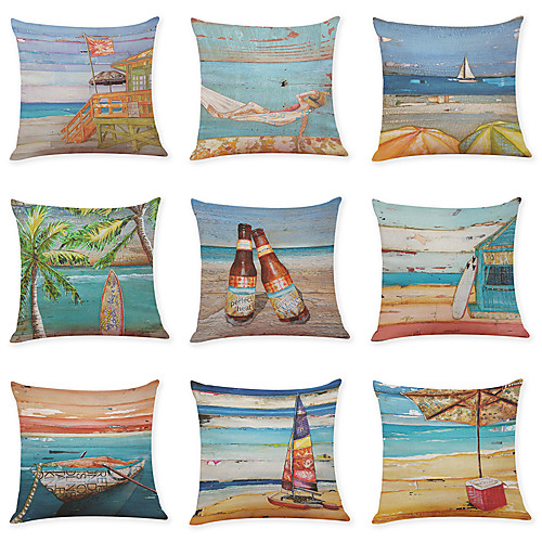 

9 pcs Faux Linen Pillow Cover, Summer Beach Casual Modern Square