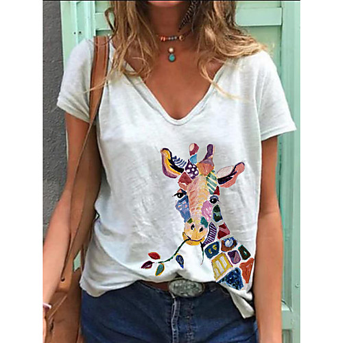 

Women's T shirt Animal Print V Neck Basic Tops Cotton White Blue Blushing Pink