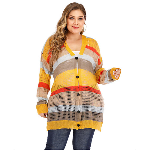 

Women's Striped Color Block Cardigan Long Sleeve Plus Size Oversized Sweater Cardigans V Neck Yellow