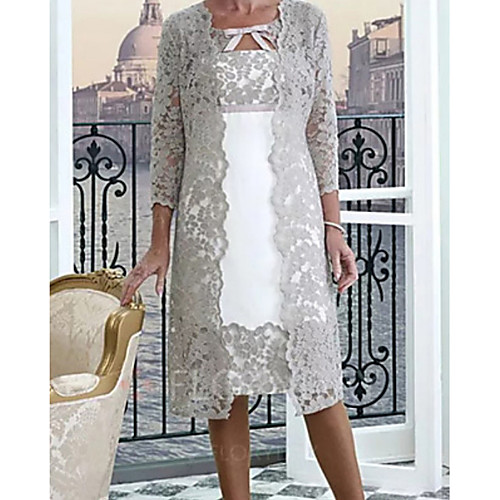 

Two Piece A-Line Mother of the Bride Dress Wrap Included Jewel Neck Knee Length Lace Half Sleeve with Appliques 2021