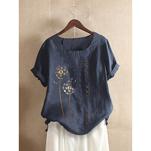 

Women's Blouse Shirt Floral Flower Print Round Neck Basic Tops Cotton Army Green Orange Navy Blue