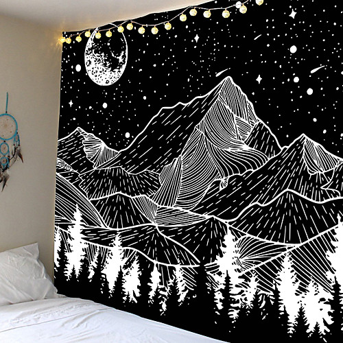 

Sketch Wall Tapestry Art Decor Blanket Curtain Hanging Home Bedroom Living Room Decoration Trippy Mountain Landscape Moon Star Black and White