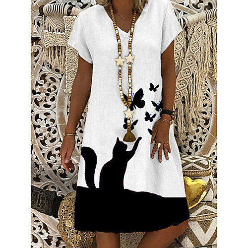 

Women's Shift Dress Knee Length Dress White Short Sleeve Butterfly Cat Animal Summer V Neck Casual 2021 M L XL XXL 3XL