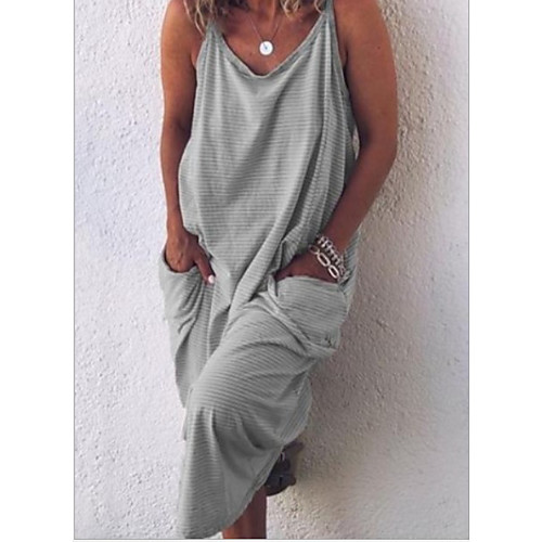 

Women's Strap Dress Knee Length Dress - Sleeveless Striped Summer Casual Chinoiserie 2020 Blue Red Blushing Pink Gray S M L XL XXL XXXL