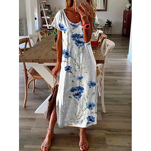 

Women's Shift Dress Midi Dress - Short Sleeves Floral Print Summer Casual Daily 2020 White M L XL XXL XXXL