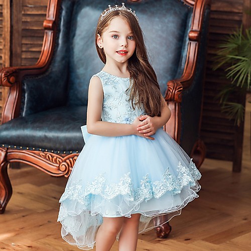 

Princess / Ball Gown Knee Length Wedding / Party Flower Girl Dresses - Tulle Sleeveless Jewel Neck with Bow(s) / Appliques