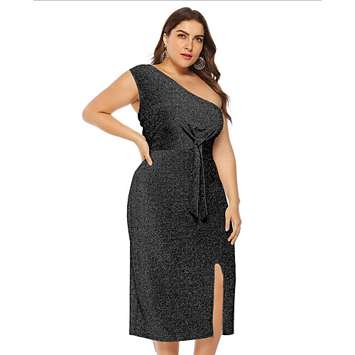 

Women's Plus Size A-Line Dress Midi Dress - Sleeveless Solid Color Summer Off Shoulder Casual Sexy 2020 Black Blue Silver L XL XXL XXXL XXXXL