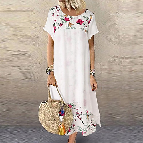 

Women's A-Line Dress Midi Dress - Short Sleeves Floral Summer Casual 2020 White Navy Blue L XL XXL XXXL XXXXL XXXXXL
