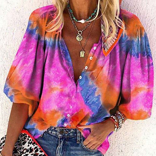 

Women's Blouse Shirt Tie Dye Long Sleeve Shirt Collar Tops Fuchsia Orange Green