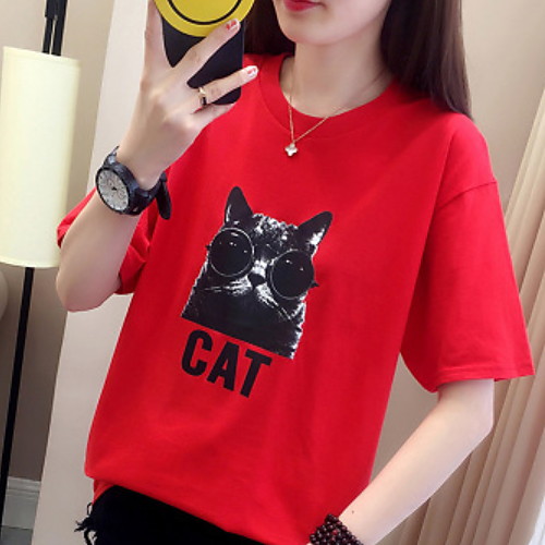 

Women's Geometric Cartoon Cat Print T-shirt Daily White / Red / Yellow