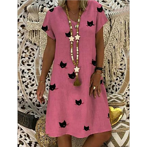 

Women's A Line Dress Knee Length Dress Yellow Blushing Pink Khaki Green Light Blue Short Sleeve Cat Animal Print Spring Summer V Neck Casual 2021 S M L XL XXL 3XL 4XL