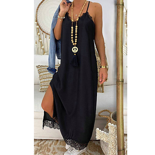 

Women's Strap Dress Maxi long Dress - Sleeveless Solid Color Summer Casual Chinoiserie 2020 Black Red Army Green Gray S M L XL