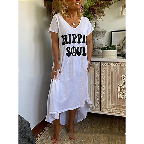 

Women's T Shirt Dress Knee Length Dress - Short Sleeves Letter Summer Casual Chinoiserie 2020 White Black Gray S M L XL XXL