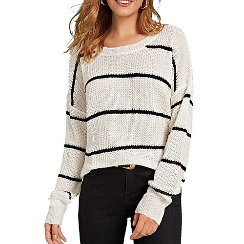 

Women's Striped Long Sleeve Pullover Sweater Jumper, Round Neck White S / M / L