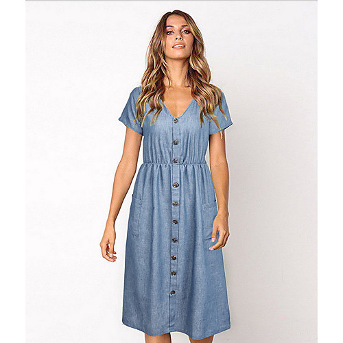 

Women's A-Line Dress Knee Length Dress - Short Sleeves Solid Color Summer Casual Chinoiserie 2020 Black Blue Light Blue S M L XL
