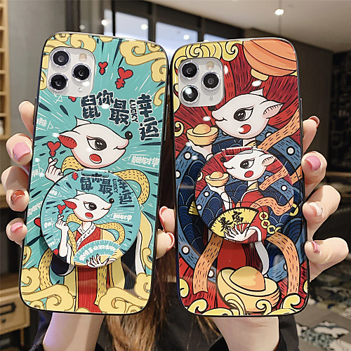 

Mirror Holder Tempered Glass Phone Case Cartoon Pattern for Apple iPhone Case 11 Pro Max X XR XS Max 8 Plus 7 Plus 6 Plus SE(2020) Curve Back Cover